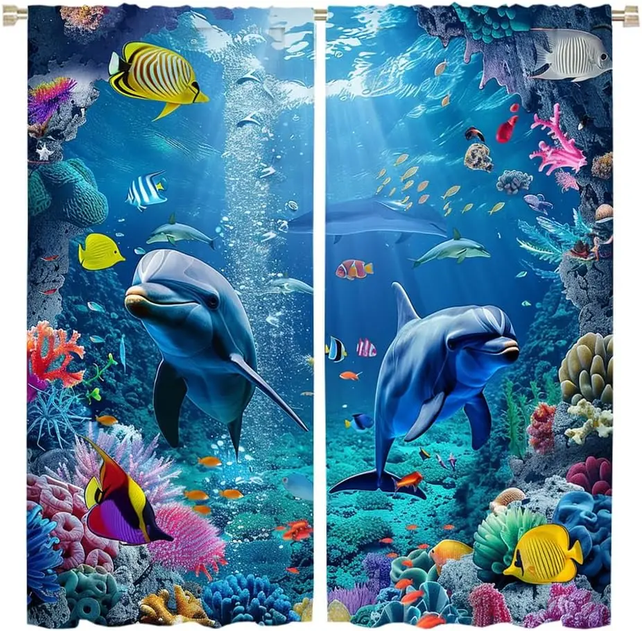 Brebasf Fantasy Ocean Coral Dolphin Blackout Curtains Rustic Nautical Theme Underwater Wildlife Fish Dolphin Blackout Curtains