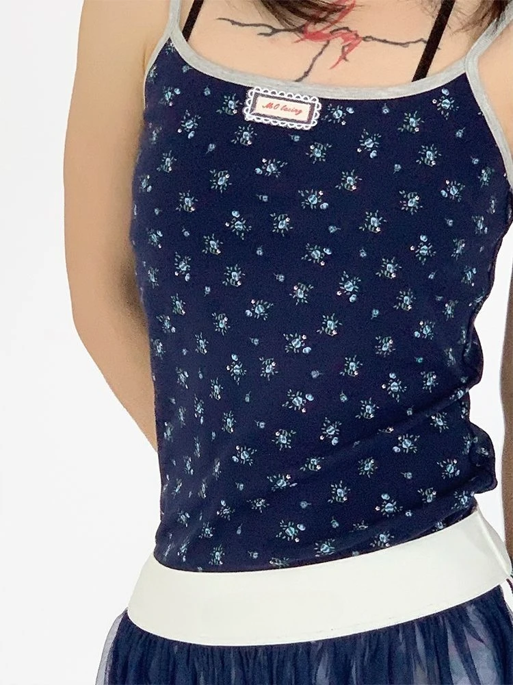 الصيف اليابانية الطباعة تانك القمم المرأة Y2k الجمالية الجناح المرقعة سليم صالح الدبابات الجرونج الجوف خارج ضمادة اقتصاص بروتيل