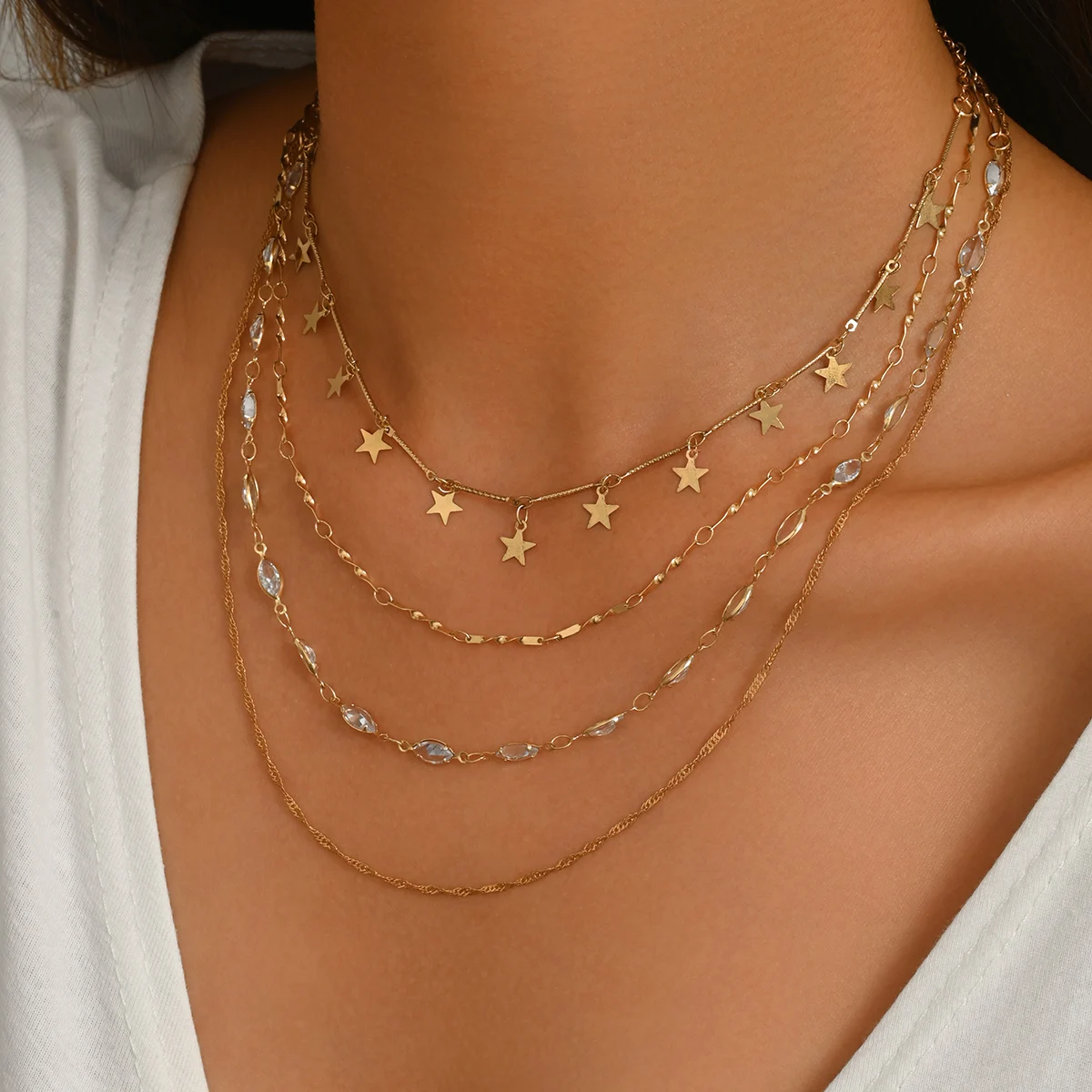 Women's 4 Layered Star Charm Necklace Multi Strand Chain Clear Bead Boho Choker Statement Fashion Jewelry for Party Daily Wear G