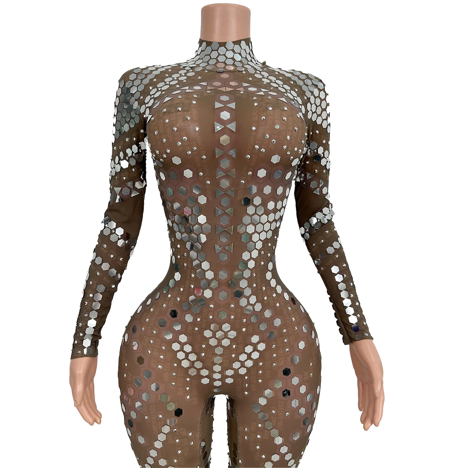 Tute sexy con strass glitterati a maniche lunghe Abiti da ballerina spogliarellista Pagliaccetti in rete da donna Vedi attraverso tute da festa per night club