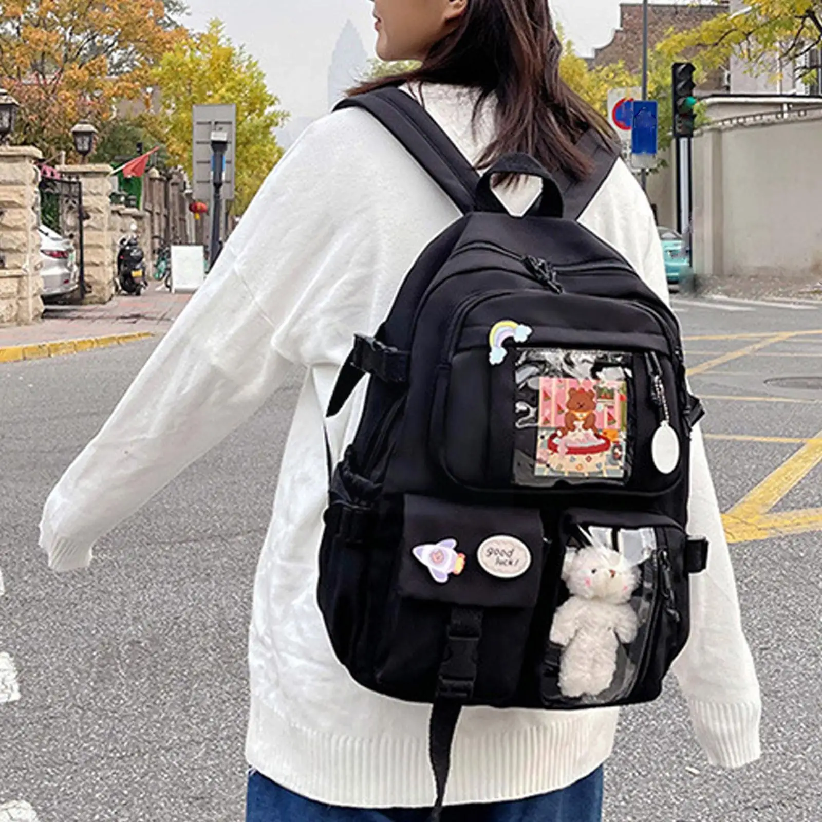 Backpack Kawaii Backpack Waterproof Multi-Pocket Nylon School Backpack For Girls School Cute Laptop Book Pack Backpack B8Y1