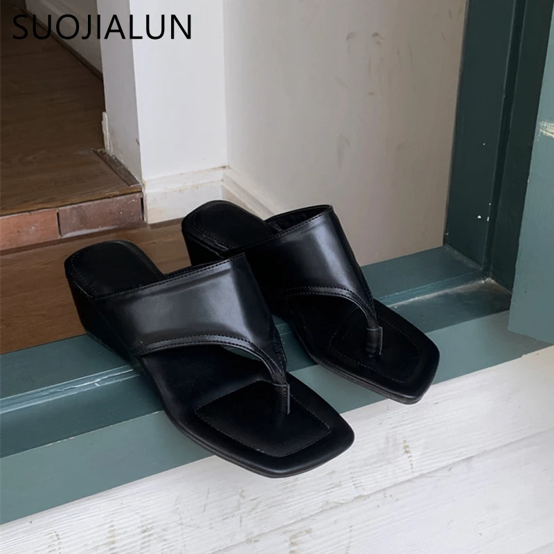 SUOJIALUN 2023 Thin Low Heel Women Slipper Summer Outdoor Narrow Band Beach Slides Shoes Fashion Green Ladies Dress Sandals Shoe