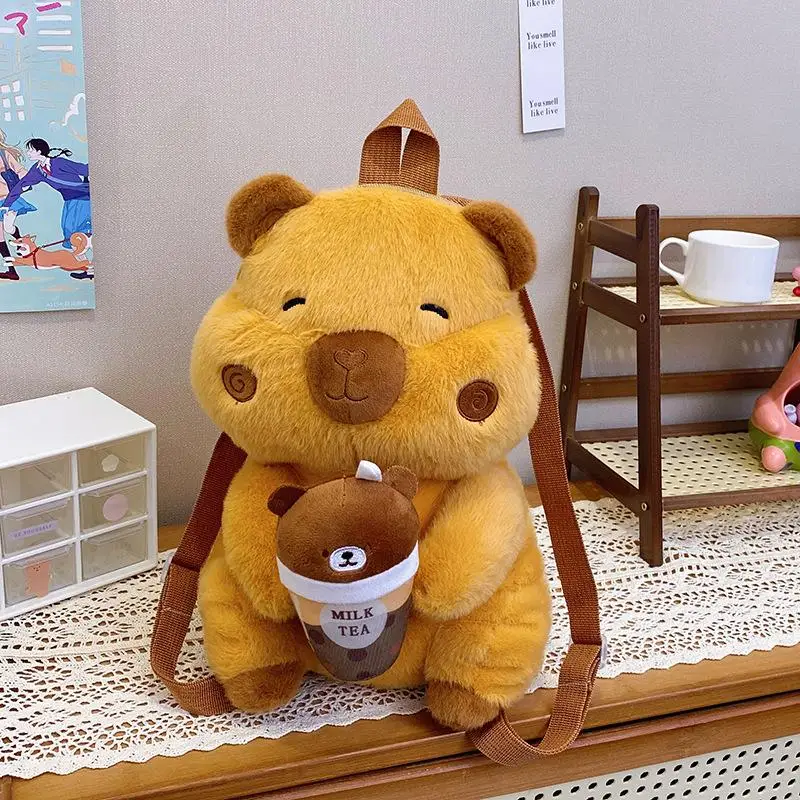 

Creative Cute Capybara Plush Backpack Bear Milk Tea Cup Brown Doll Bag Adjustable Straps Lightweight Cartoon Daypack Gifts