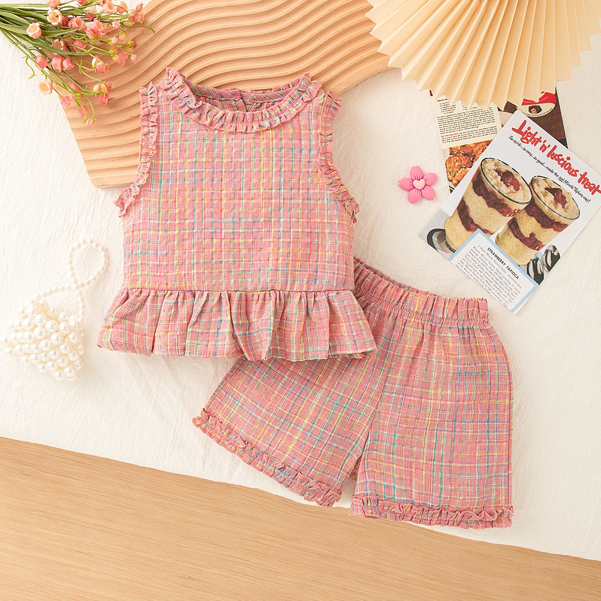 

Summer New Sweet Pink Checkered Children'S Sleeveless Clothes, Simple Style Baby Girl Two-Piece Set For Babies Aged 0-4 Years