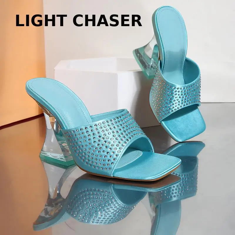 Summer High Heels Women Shoes Fashion Transparent Heels Sexy Hollow Breathable Slippers Square Toe Female High Heel Slippers