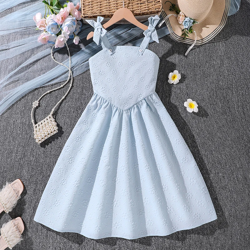 

Girls 8-12 Light Blue Cami Dress, Front Bow Straps & Embossed Fabric/Back Smocked Waist, Casual Summer Kids Outfit