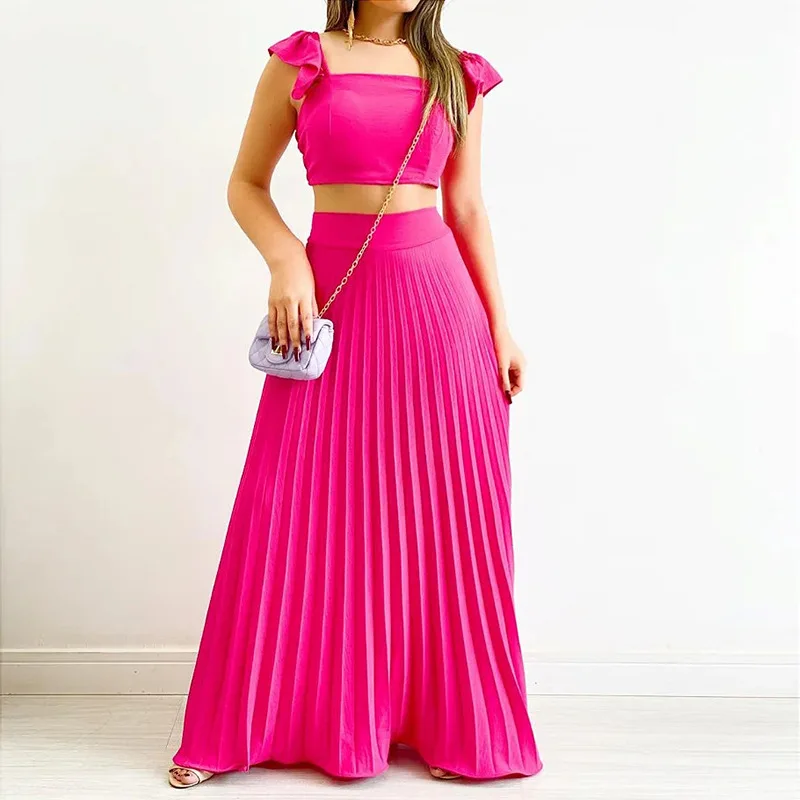 2023 Summer Casual Two Piece Set for Women Sexy Sleeveless Solid Color Top with Long Skirt Set Elegant Sweet Dress Suit