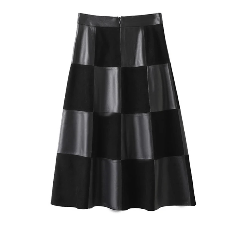 Checkered Genuine Leather Skirt for Women French Elegant Suede Leather Patchwork Umbrella Jupe Longues Femme Plaid Saia Feminina