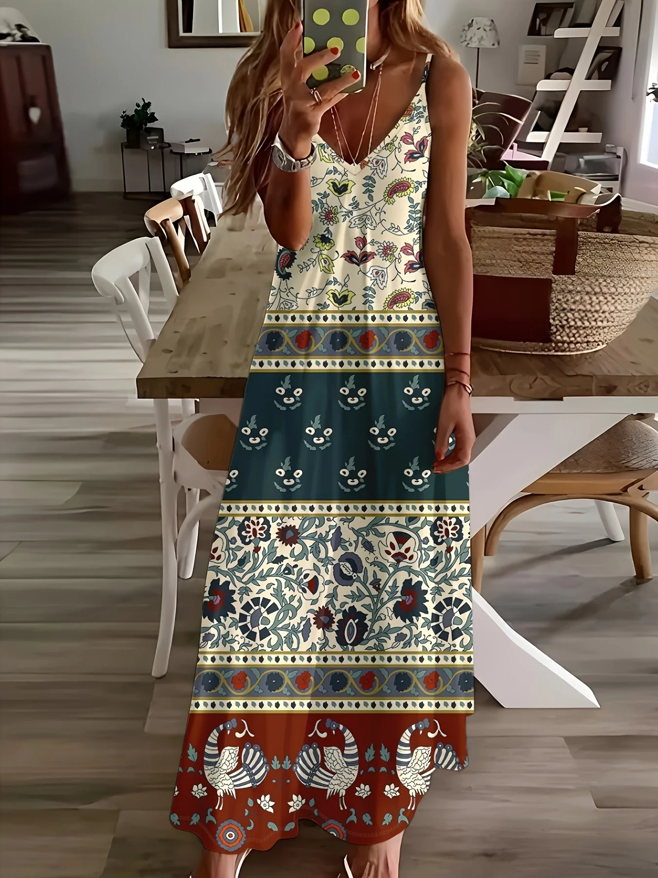 

Printed Design Casual Style Floral Tribal Bird Pattern Print Ladies' Dress