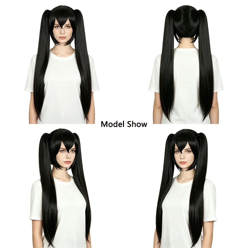 Miku Cosplay Wig 120cm Long Black Straight Wig with 2 Detachable Clip-on Ponytails Heat Resistant Synthetic Anime Wig For Women