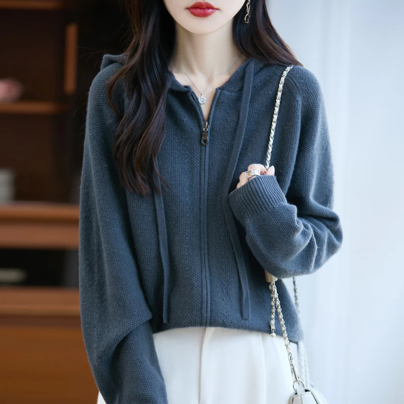 

Autumn Winter Women's Basics Hooded Cardigan 100% Merino Wool Knitwear Zipper Simple Sweater Female Clothing Sports Sweatshirt