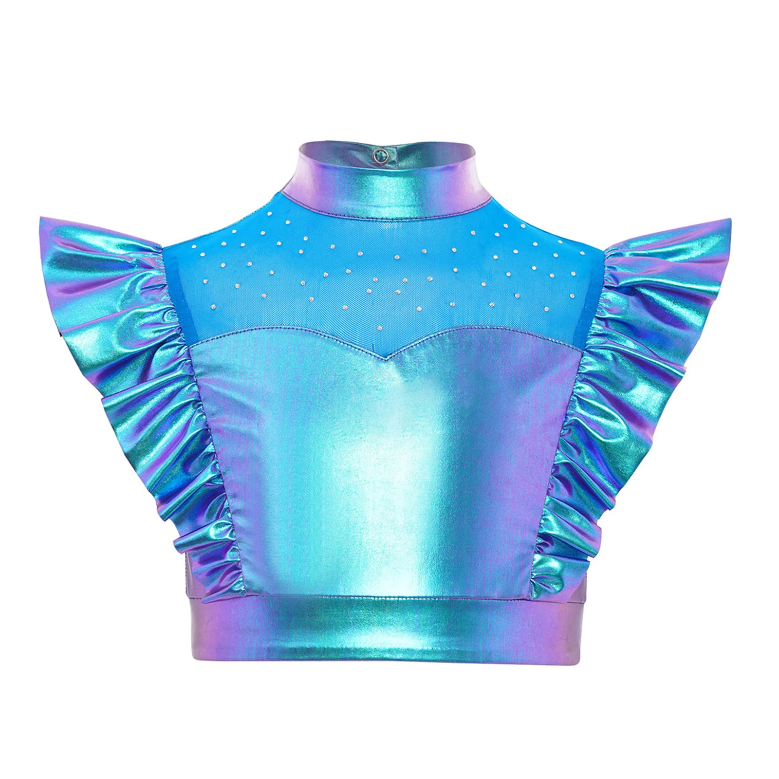 Kids Girls Jazz Metallic Tank Tops Mesh Patchwork Rhinestone Sleeveless Shiny Ruffle Crop Tops Dance Vest Performance Dancewear