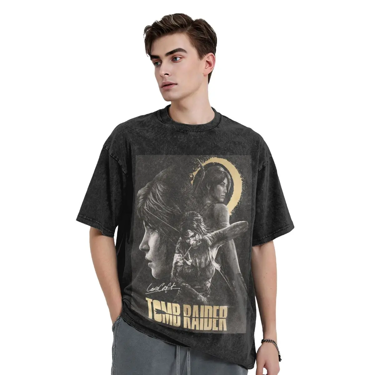 Tomb Raider Lara Croft Games Angelina Jolie Gaming Rise Reboot Croft Manor Washed T Shirts Short Sleeve Hip Hop T-Shirt