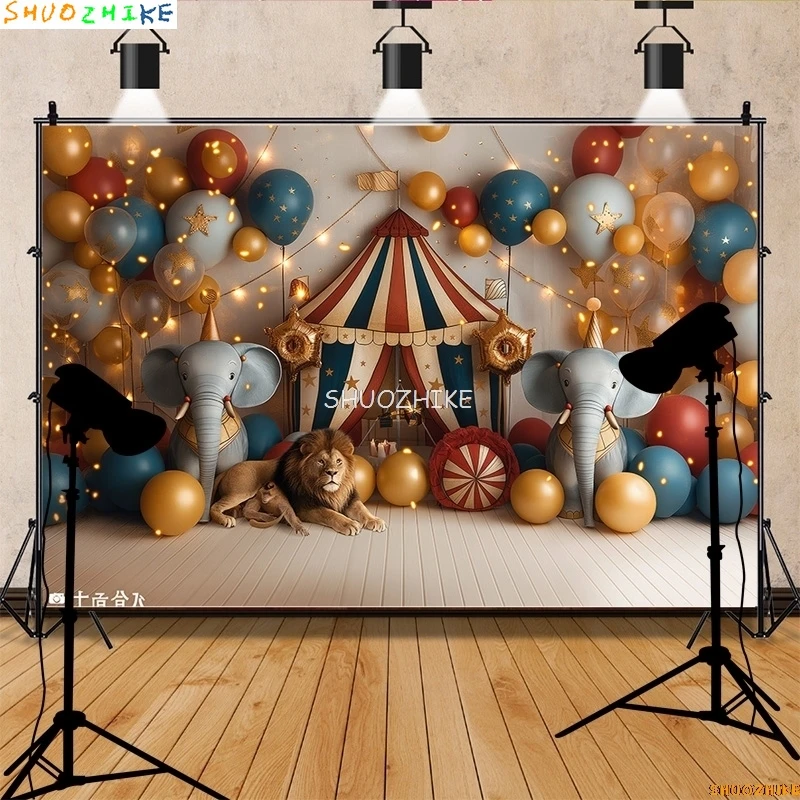 Tenda da circo con baldacchino a strisce Popcorn Fondali fotografici Palloncini Decorazioni per feste di compleanno Sfondo per studio fotografico per animali SD-05