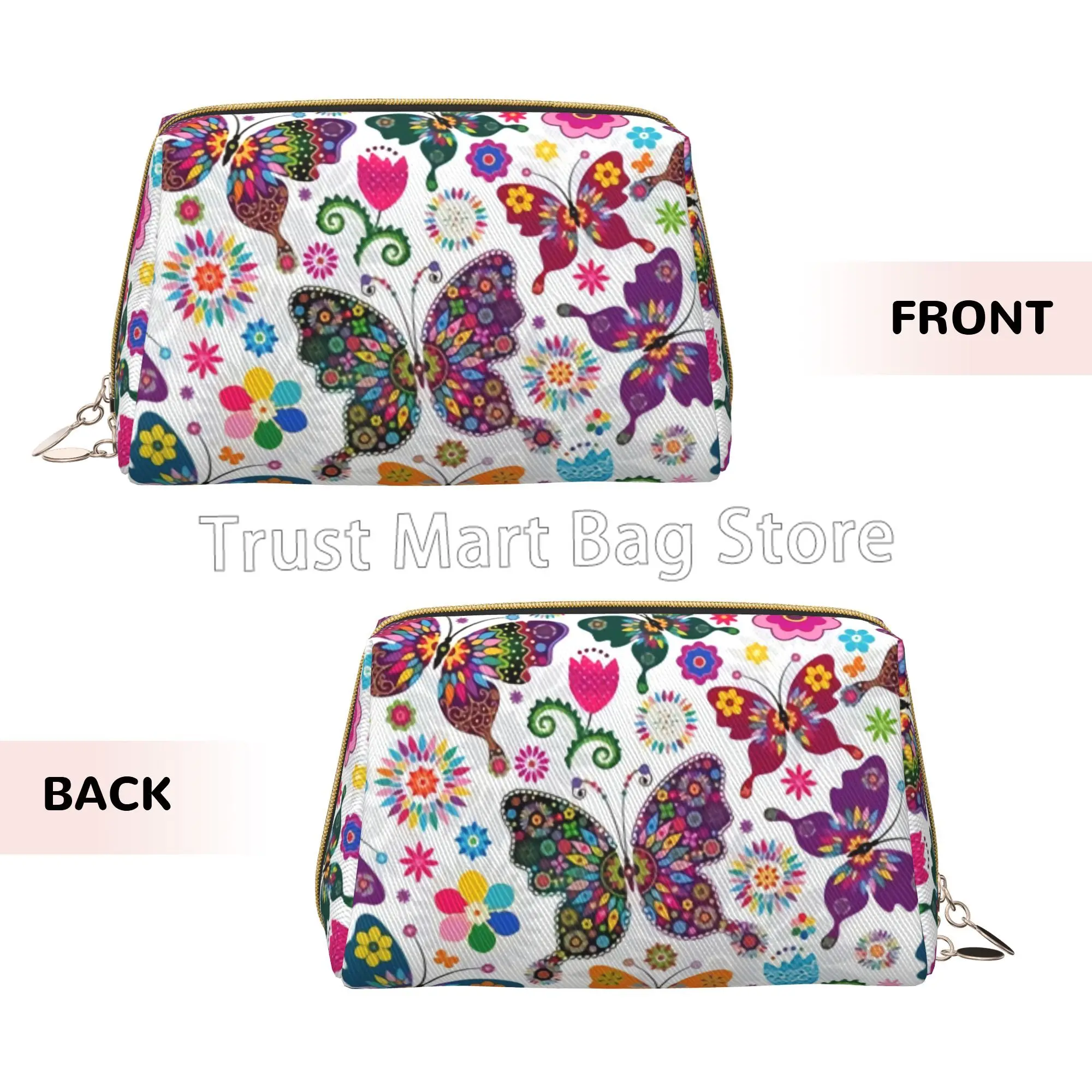 White Floral with Colorful Butterflies Print Leather Makeup Bag Large Capacity Travel Storage Pouch Cosmetic Bag for Women