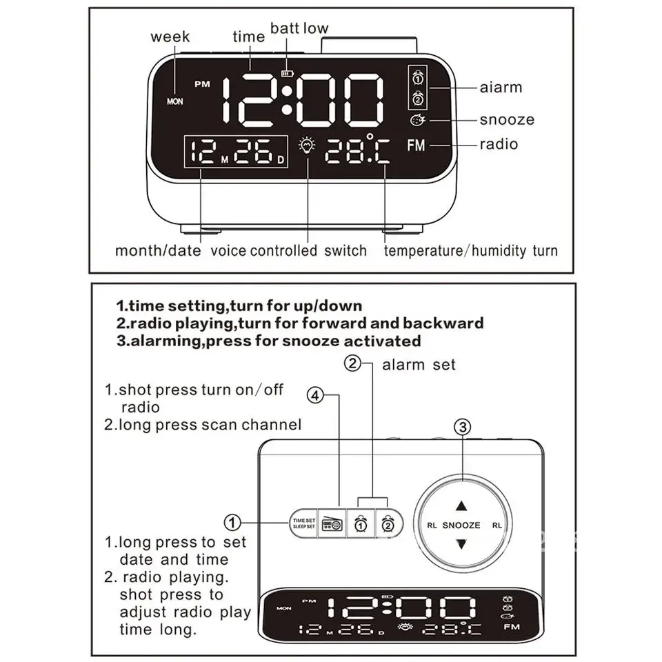 Led Digital Alarm Clock Fm Function Dimming Meter Radio With Rechargeable Snooze Temperature Humidity