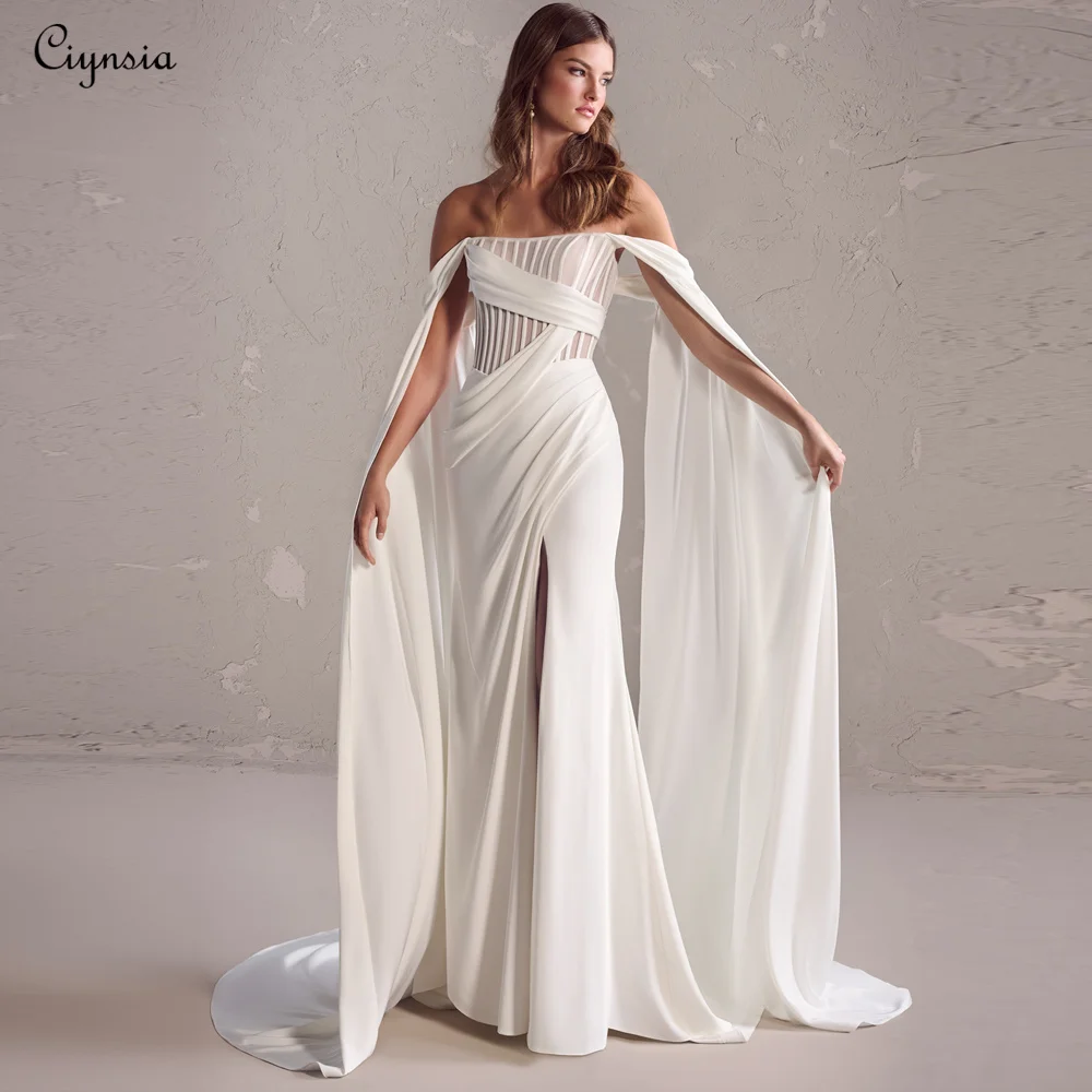 Ciynsia Grecian-แรงบันดาลใจ Crepe ชุดแต่งงานไม่สมมาตรจีบ Bodice Ivory ชุดเจ้าสาว Mermaid เซ็กซี่ชุดเจ้าสาว