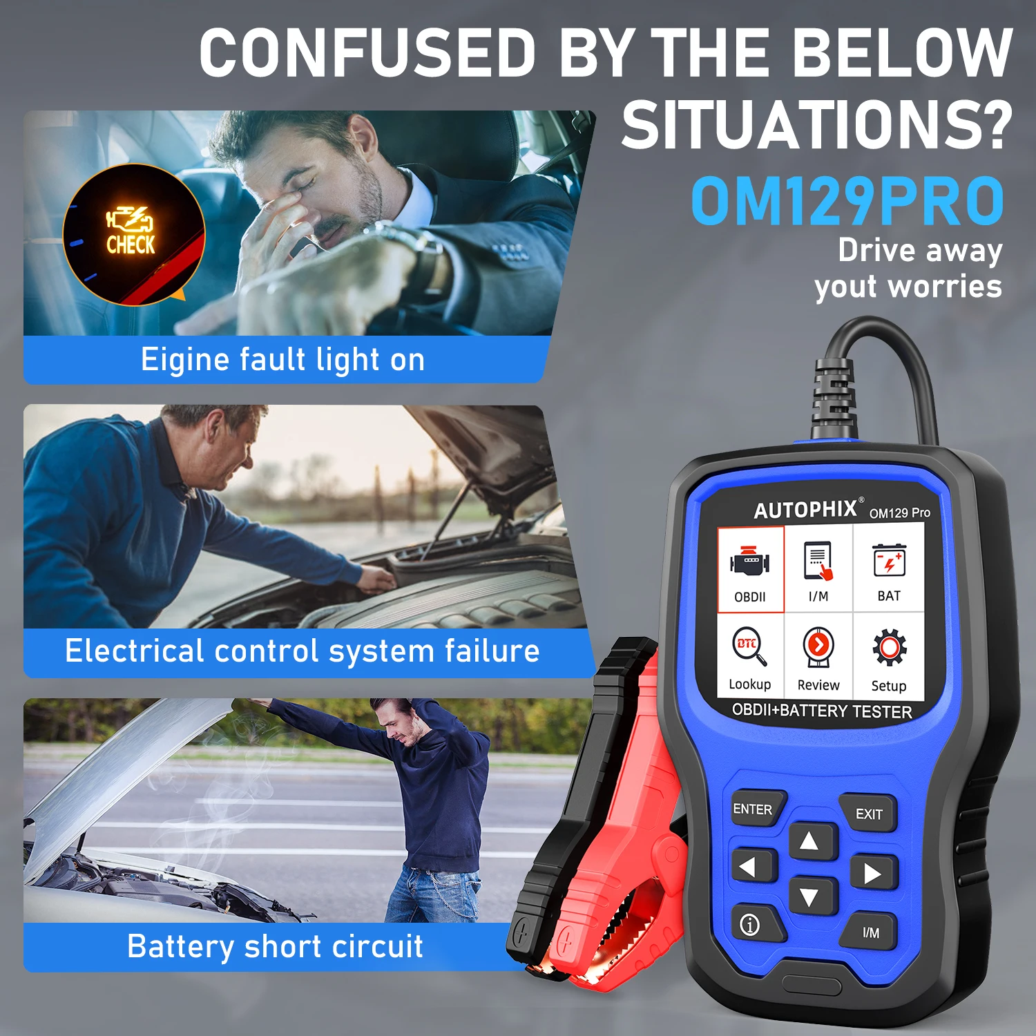 AUTOPHIX OM129 Pro OBD2 Scanner Code Reader Battery Tester Scan Tool Check Engine Light for All OBDII Car 6/12V Car Tool