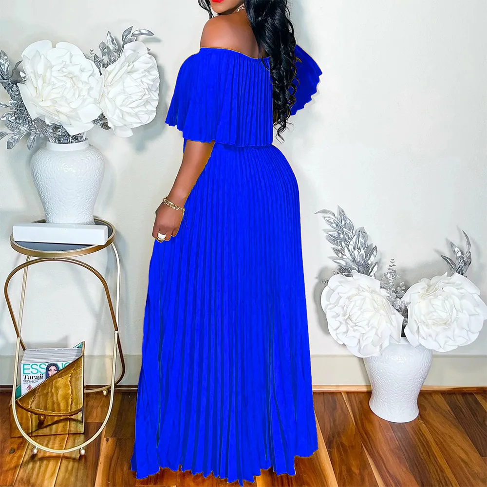 Summer Chic Sexy Holiday Long Dress Elegant Solid Off Shoulder pleated long gowns Women Floor Length Beach Evening Party Dress
