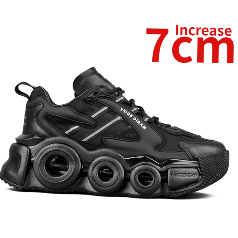 

European/American Black Knight Mech Design 7cm Increased Sports Shoes for Men Genuine Leather Shock Absorbing Elevator Shoes Man