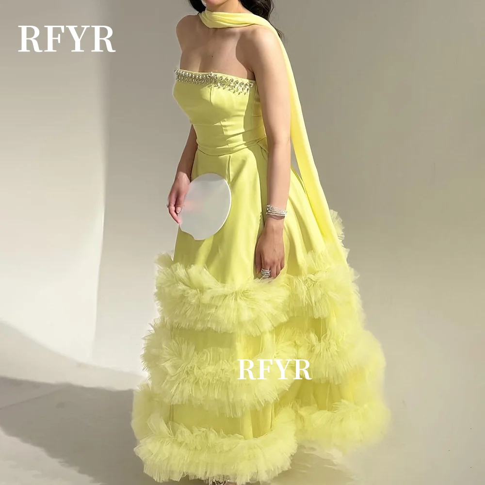 

RFYR A Line Evening Gowns Party Dress Multilayers Prom Gowns with Scarf Vestidos De Noche Formal Occasion Dress Customized