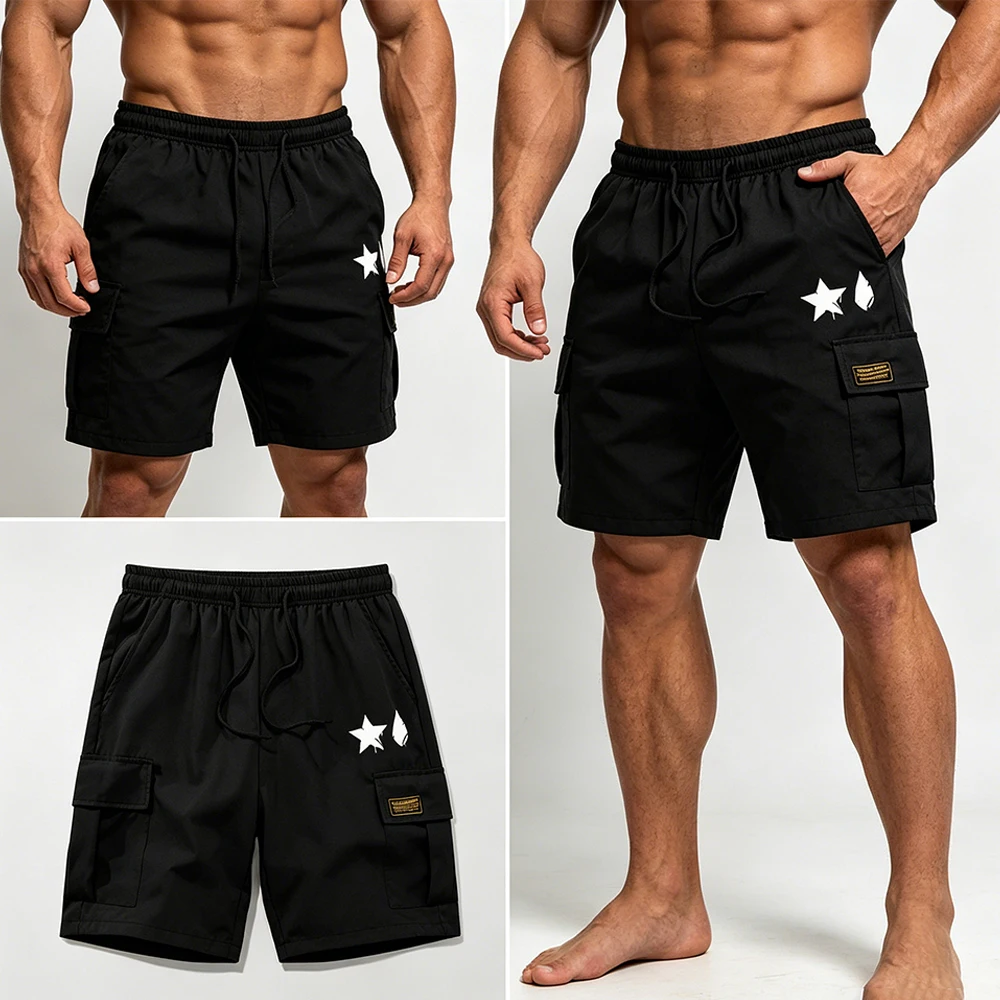 

Outdoor Men's Star Print Quick-Dry Cargo Shorts Drawstring Elastic Waist Multi-Pocket Casual Summer Shorts for Daily Streetwear