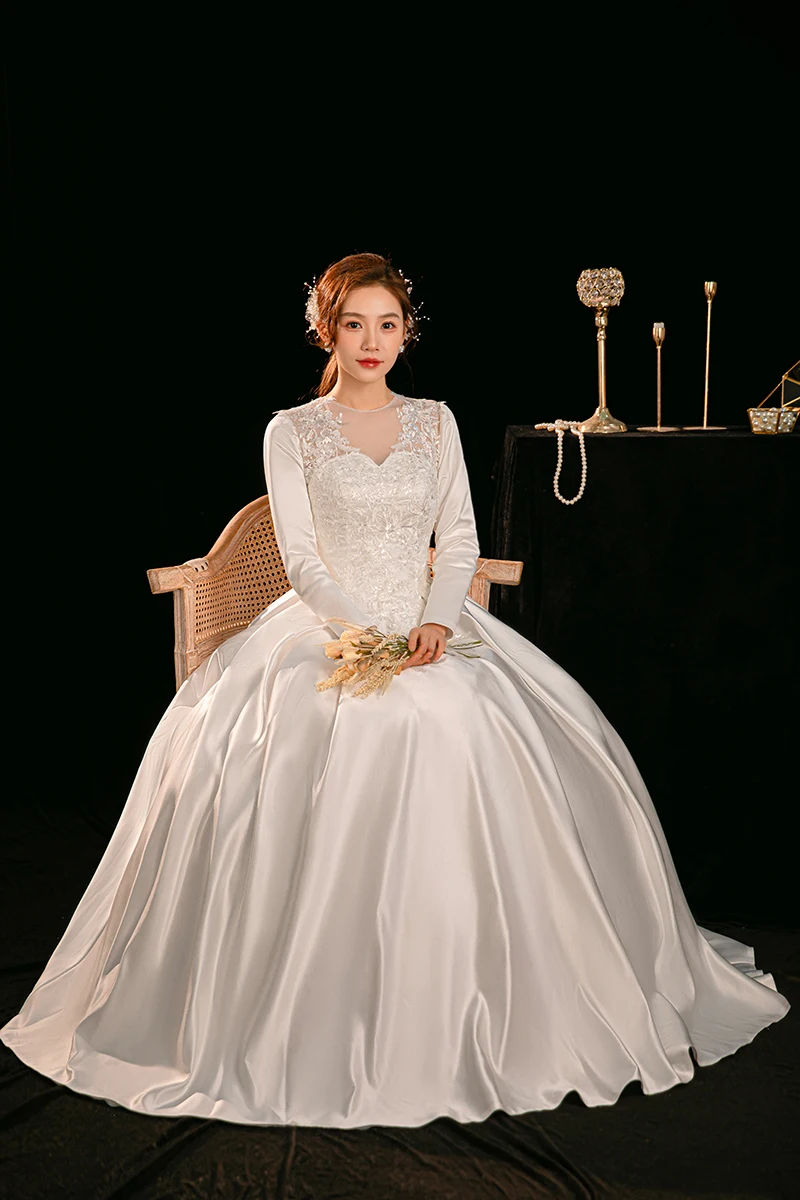 

XXN-993 # Атласное свадебное платье с длинными рукавами и круглым вырезом для невест, 2026, новое высококачественное текстурное платье с французской вышивкой, оптовая продажа, дешево