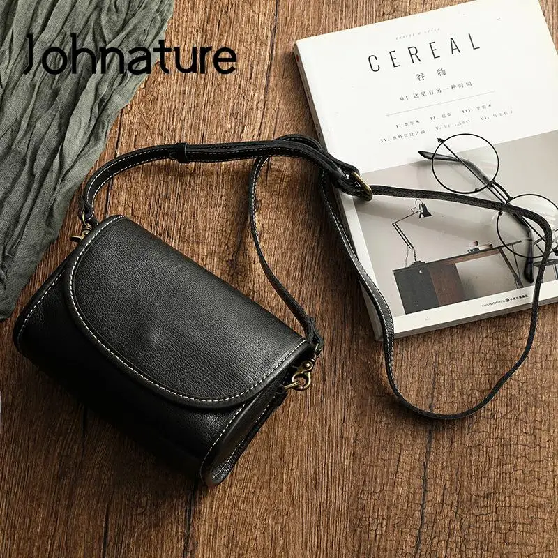 Johnature Genuine Leather Retro Small Bag Women 2024 New Soft Real Cowhide Simple Solid Color Shoulder & Crossbody Bags