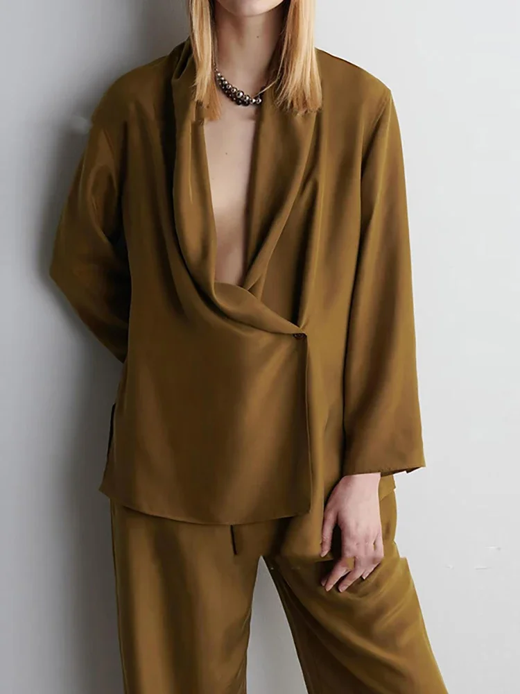 

Satin Solid High Waist Commuting Suit Elegant Comfortable Autumn Two Piece Sets Fashion V-Neck Long-Sleeve Top and Pants Outfit