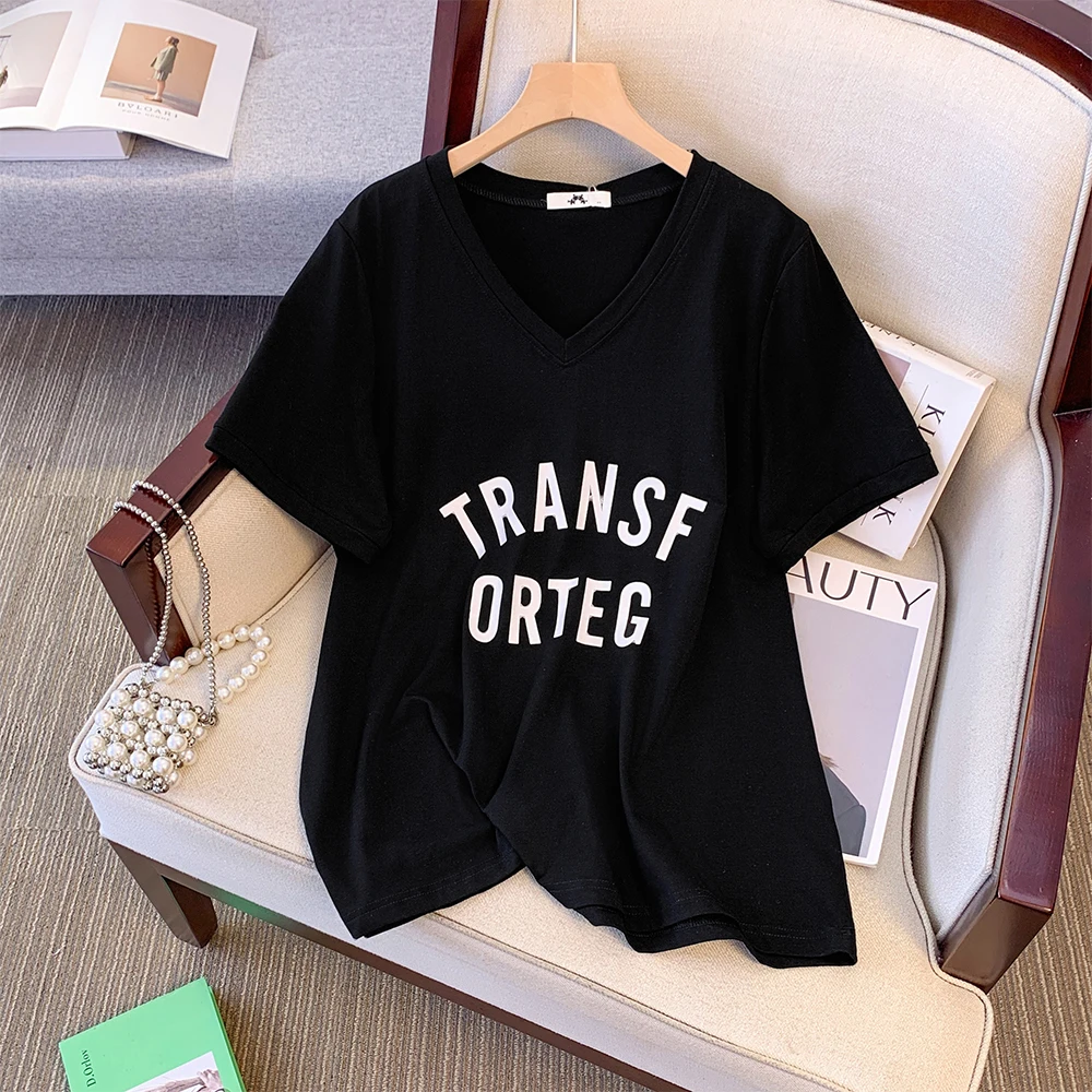 Plus-size Women's Summer Casual Commute loose and comfortable T-shirt Black round  neck monogram print simple short-sleeved top