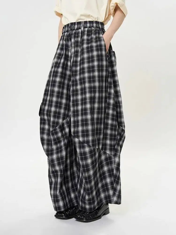 FANAN Vintage Plaid Kontrast Farbe Breite Bein Hosen Für Frauen Elastische Hohe Taille Beiläufige Lose Hosen Mode 2025, Herbst Neue