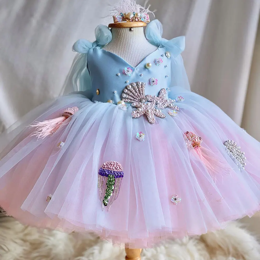 Sky Blue Sea Princess Girl Lolita Pearl Shell Flower Princess dress, a first birthday gift, an elegant dress for girls