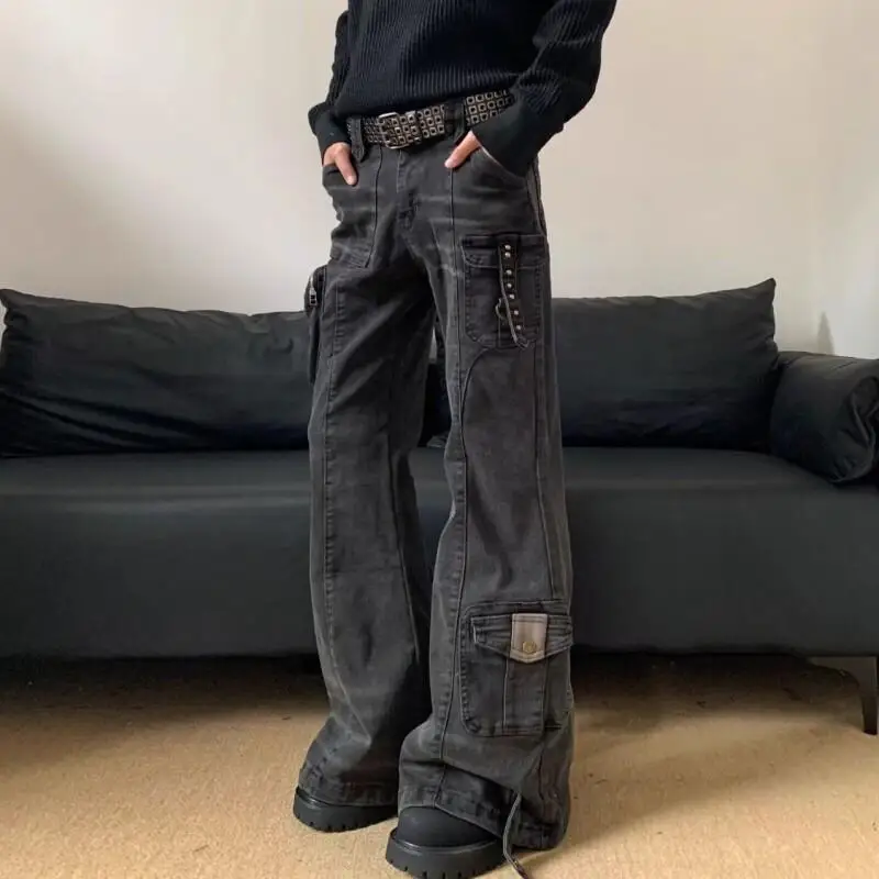 

Женские брюки Джинсы Американский винтажный дизайн с несколькими карманами Рваные лоскутные расклешенные джинсы Мужские уличные свободные широкие брюки-карго