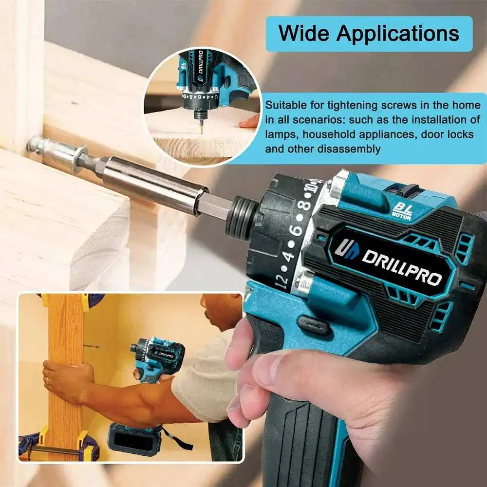 Drillpro Brushless Electric Impact Drill Screwdriver 20+1 Rechargeable Cordless Electric Drill Screw Driver for Makita Battery