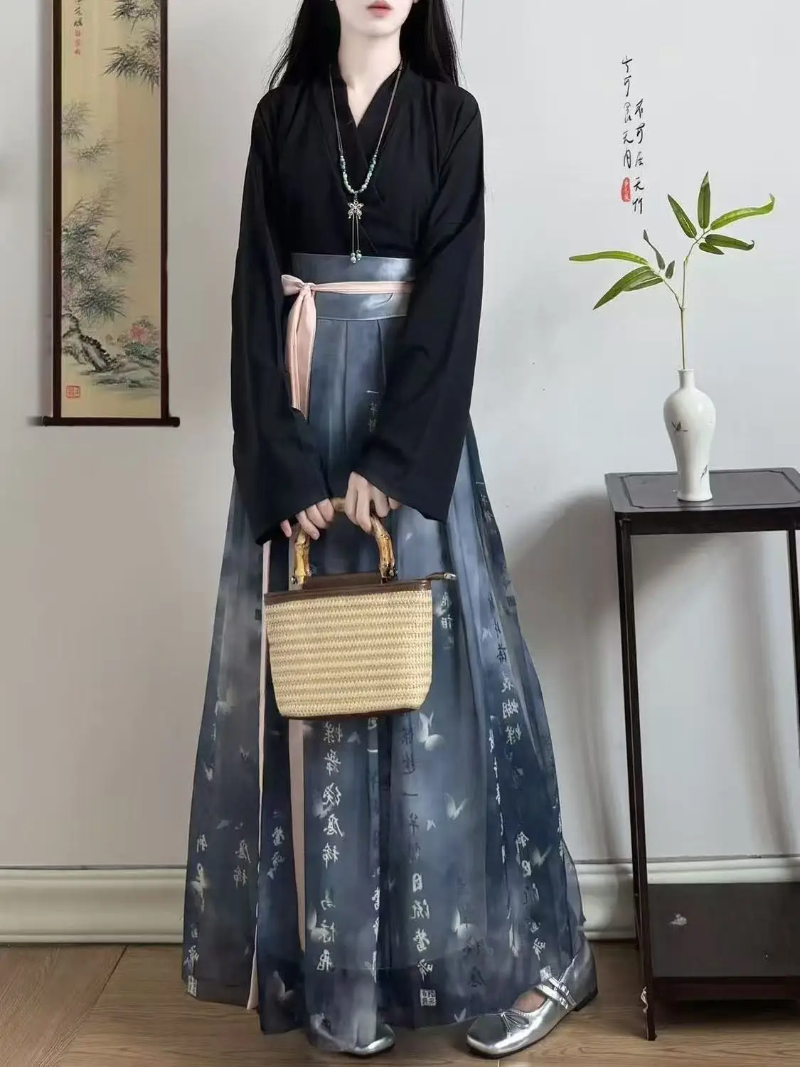 ชุดฮั่นฝูแบบดั้งเดิมสำหรับผู้หญิง ชุดประจำยุคเหว่ยจิ้น ผ้าชีฟองสวมใส่สบาย เสื้อแขนยาวพร้อมกระโปรง ชุดเต้นรำบนเวที