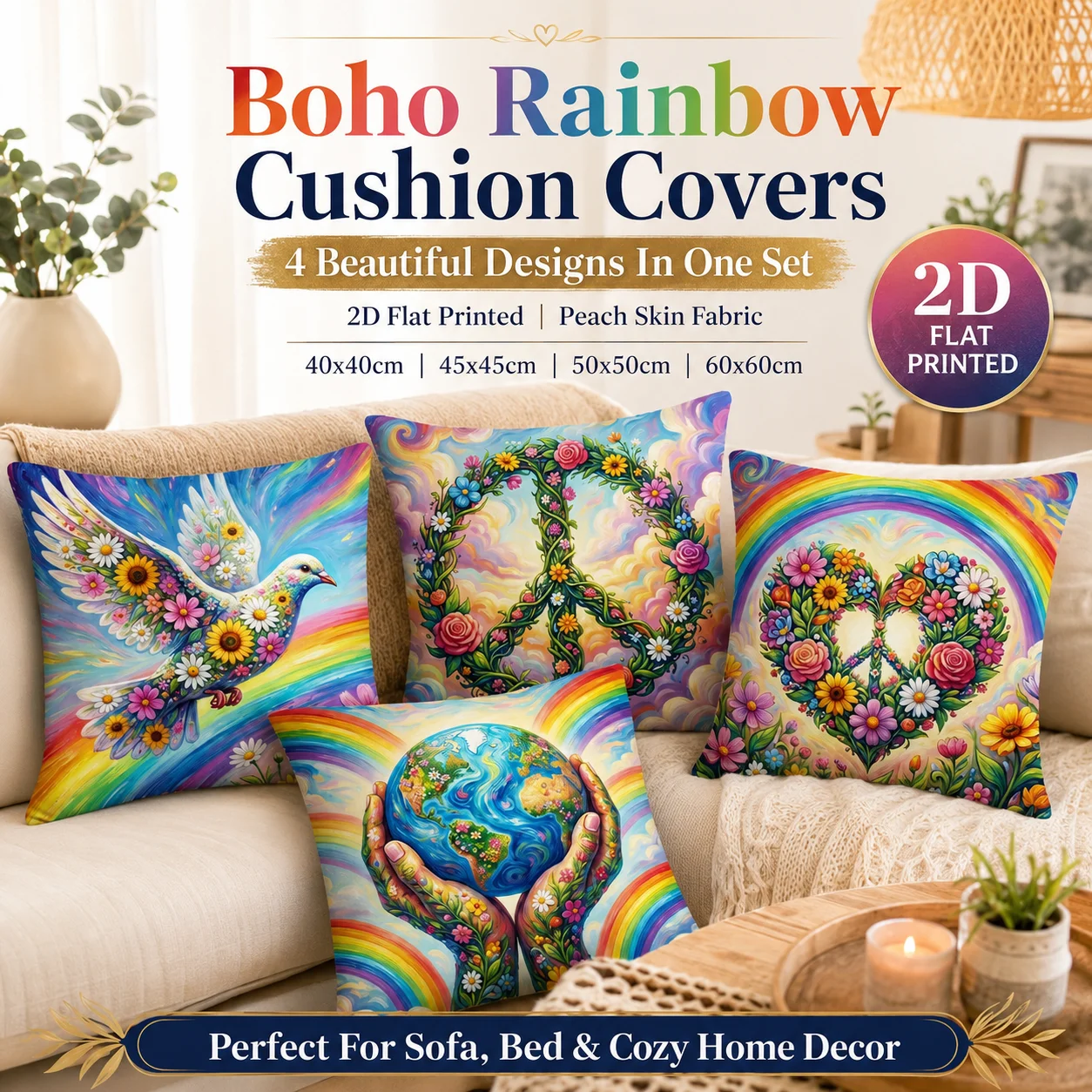 

Hippie Boho Rainbow Peace Pillowcase Peach Skin 2D Flat Printed Floral Heart Cushion Cover for Sofa Bed Living Room Decor Gift