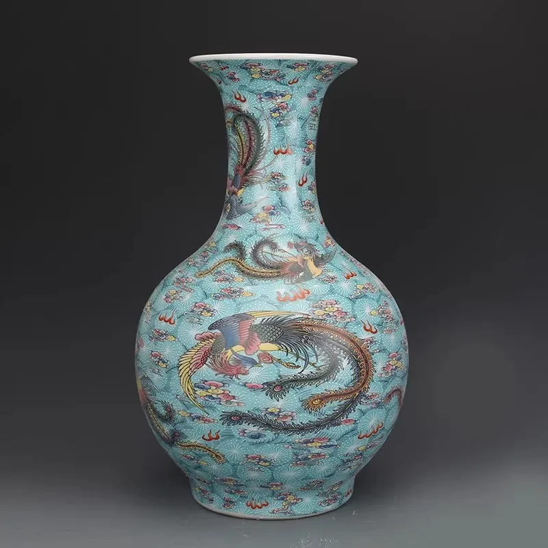 Chinese Blue Enamel Porcelain Vase Qing Yongzheng Phoenix Pattern 14.0 inch Luminous Bottle