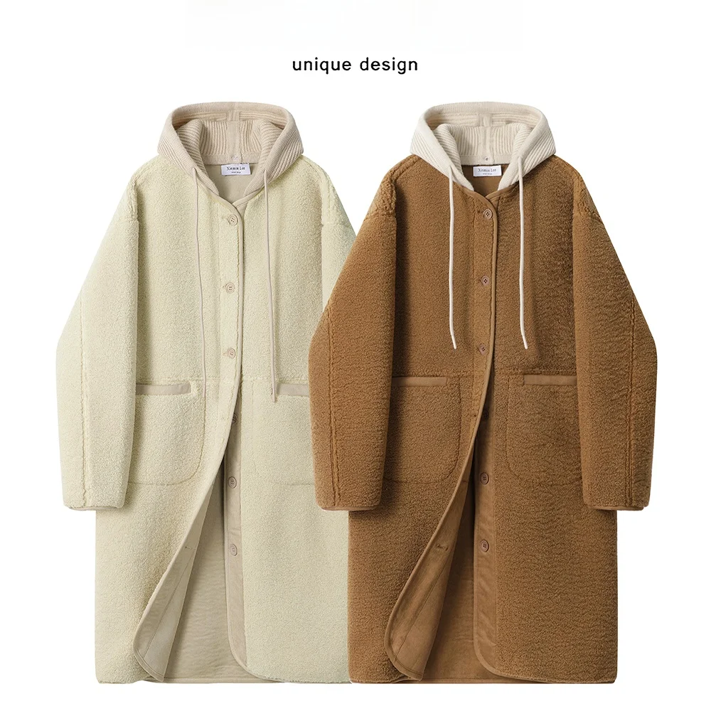 Xinmonlee Korean Series round Neck Mid-Length Polar Fleece Outerwear Winter Women Idle Sle Casual Loose Coat