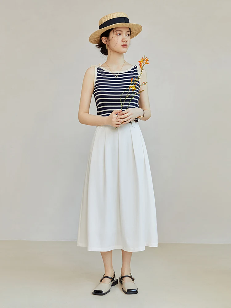 ZIQIAO Office Lady White Twill Long A-LINE Skirts Belt Design Women Commuter Pleated Mid-Calf Skirt High Waist Umbrella Skirt