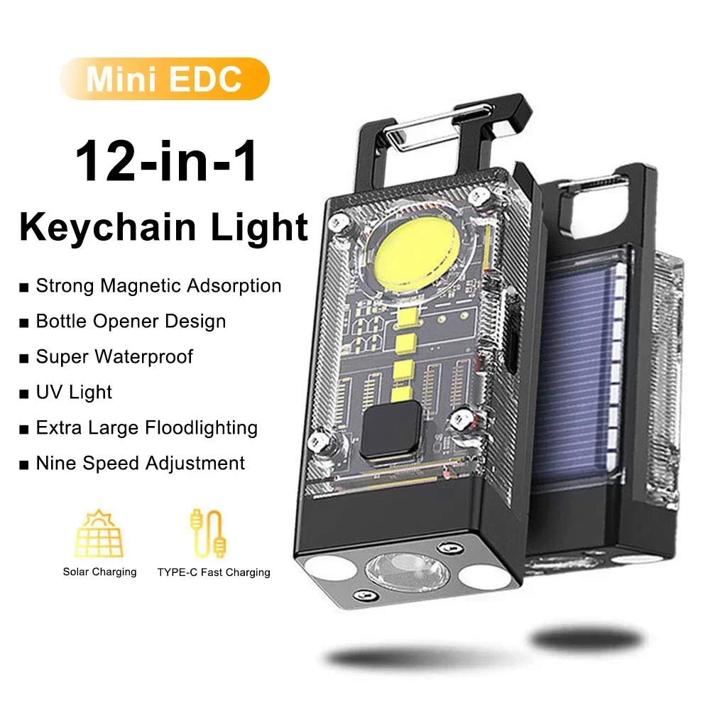 

EDC Solar Keychain Light Portable LED COB Flashlight USB Rechargeable Waterproof Work Lamp Bottle Opener Outdoor Camping Lantern