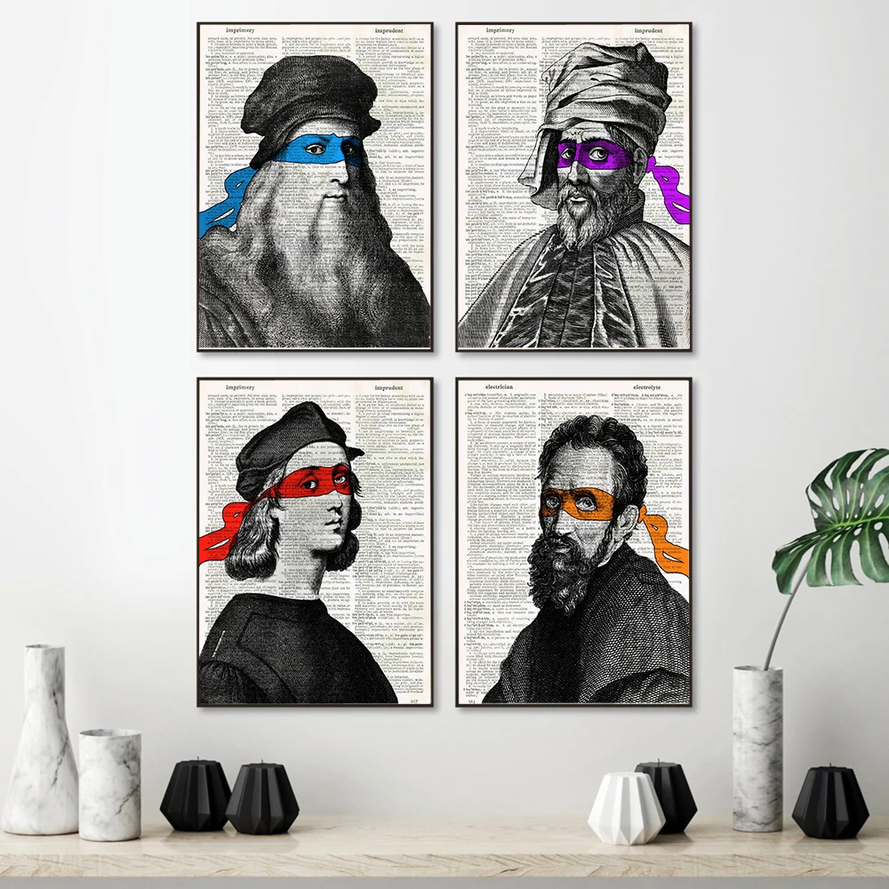 TMNT-4 Posters Pack of Leonardo Donatello, Raphael, Michelangelo Parody, Renaissance Dorm Decor, Ninja Turtle, Wall Art, Funny H