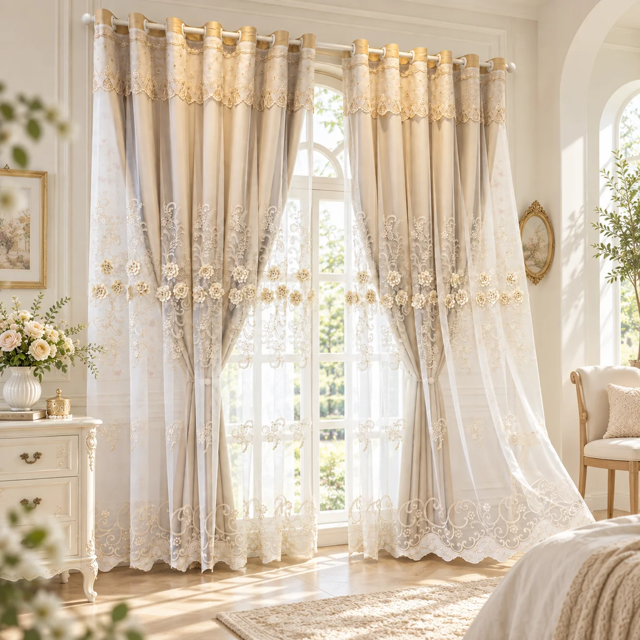 2 Panels Vintage European Embossed Lace Curtain, Luxury Hollow Out Sheer Curtains, Light Blocking Heat Insulation, Dense Hem Design