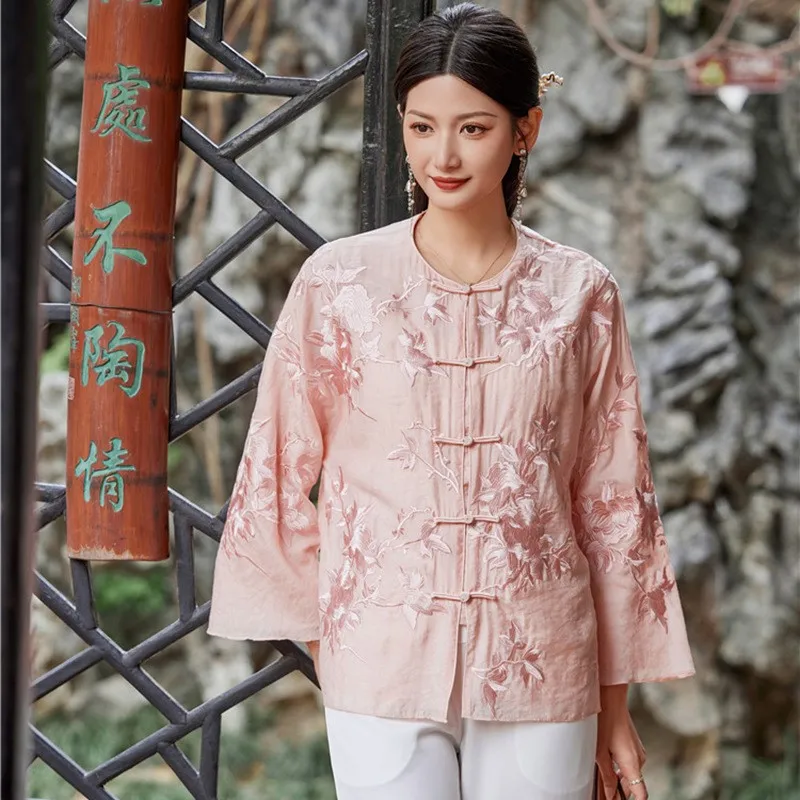 

New Chinese style blouse improved Hanfu women's embroidery tray button small