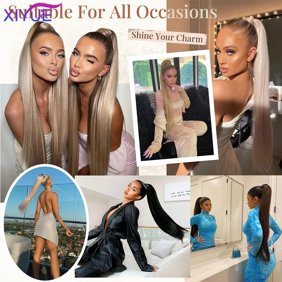 XIYUE 32인치 여성용 합성 긴 직선 포니테일 다용도 가발, 여성용 합성 긴 직선