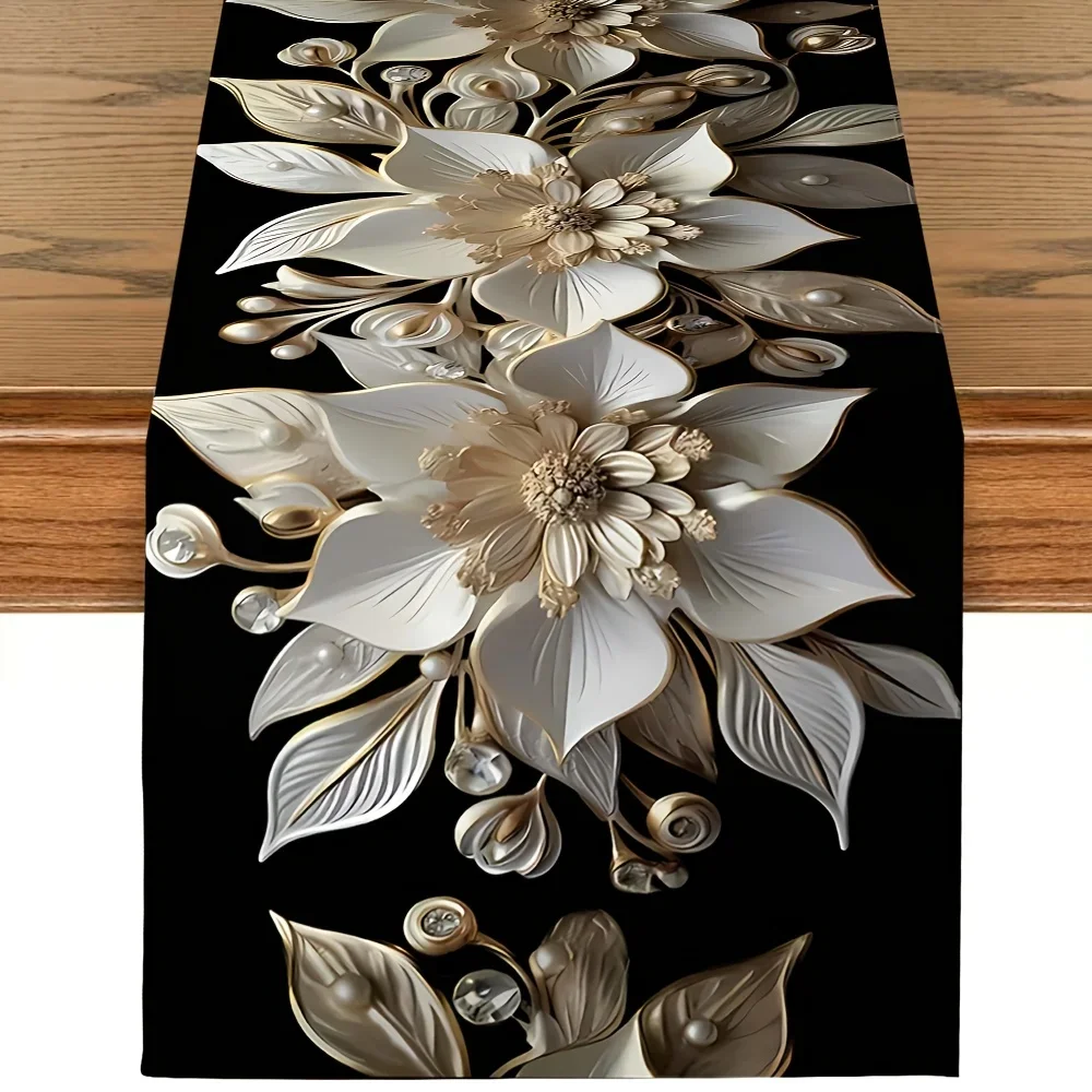 1 Piece of Elegant White and Gold Floral Table Runner, Durable Polyester Fiber, Rectangular | Perfect Suitable for Holiday Meals