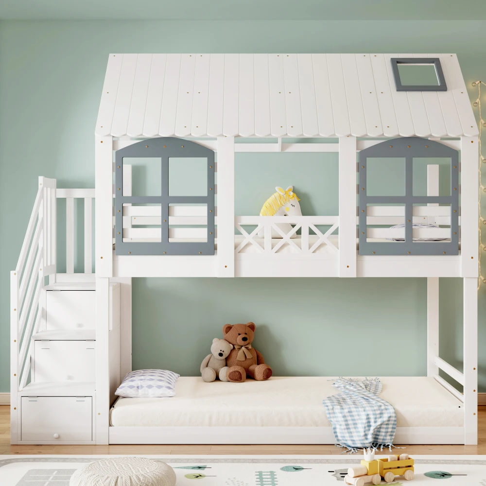 PINGGO Weißgraues Etagenbett 90x200cm mit Dachfenster, Leiter, Fallschirmgitter und 3 Staufächern aus Kiefern-MDF, ohne Matratze – Detail 5