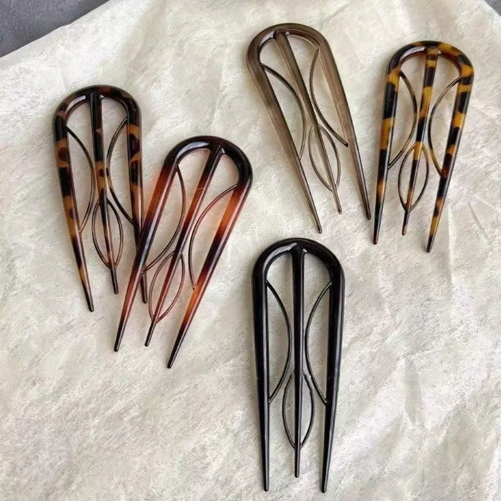 Vintage Acetate U-shaped Hair Stick Leopard Print Multi-pronged Hair Fork Geometric Hair Clip Updo Styling