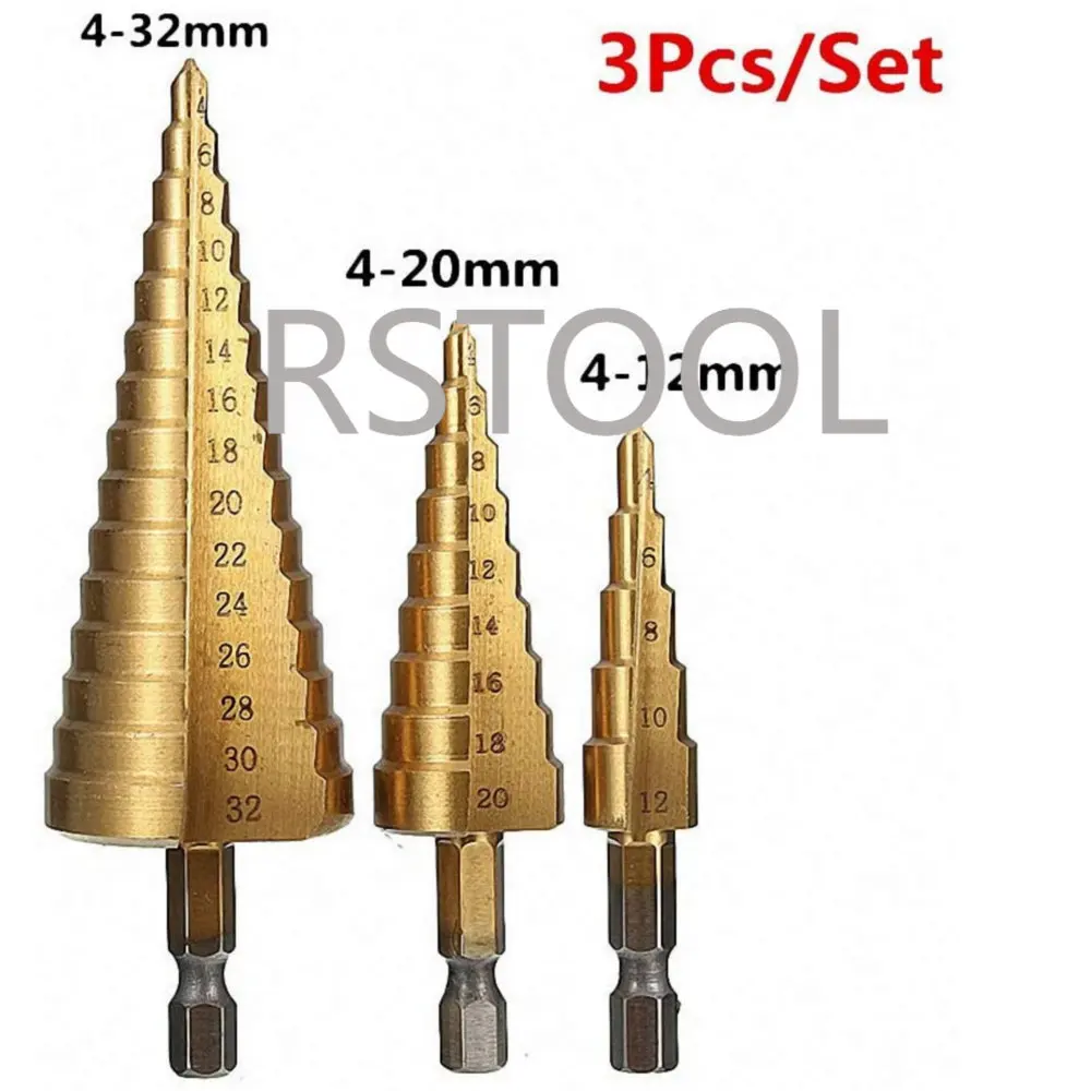 3pcs HSS Titanium Step Drill Bit 4-12 4-20 4-32 Drilling Power Tools Metal  Woodworking Wood Metal Mini Set DT6