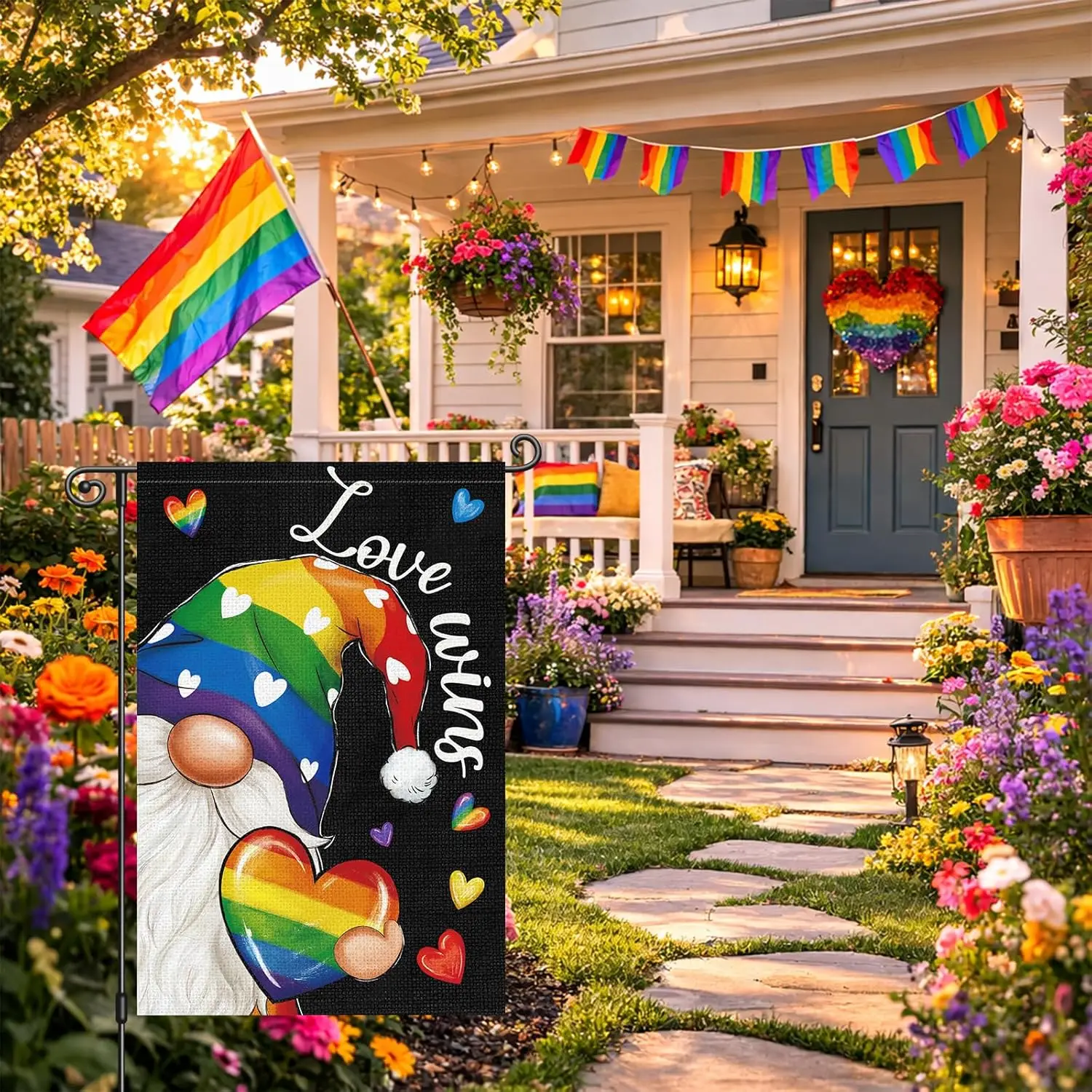 Louise Maelys Pride Garden Flag Rainbow Gnome 12x18 Inch Double Sided Welcome Small Burlap Gay Lesbian LGBTQ Love Wins Yard  AAS