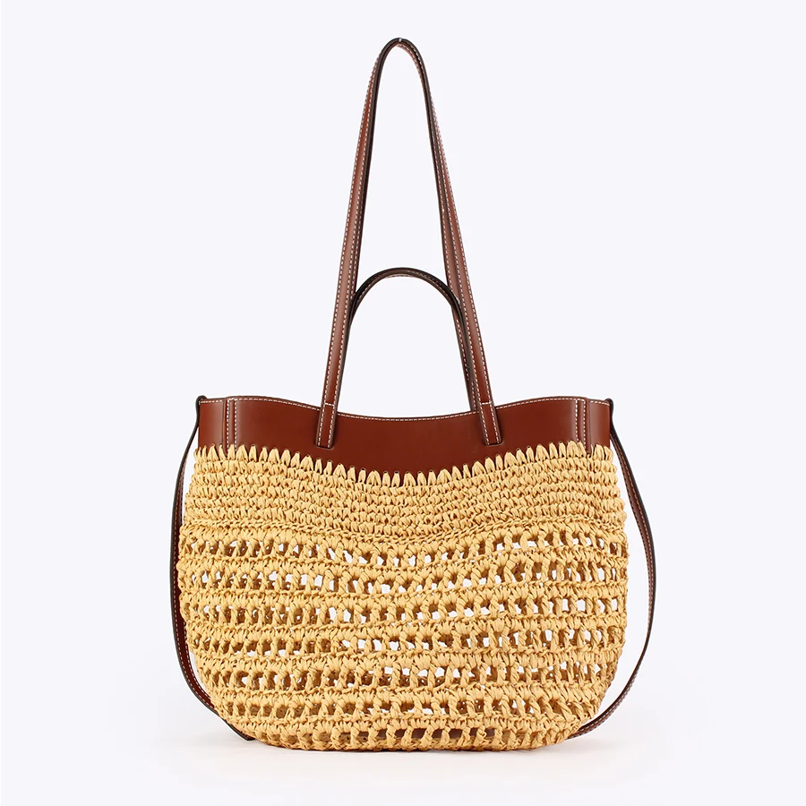 

Women’s Woven Tote Bag Large Capacity Straw Beach Handbag Simple Hollow Out Shoulder Bags for Summer Daily Casual Bali Travel